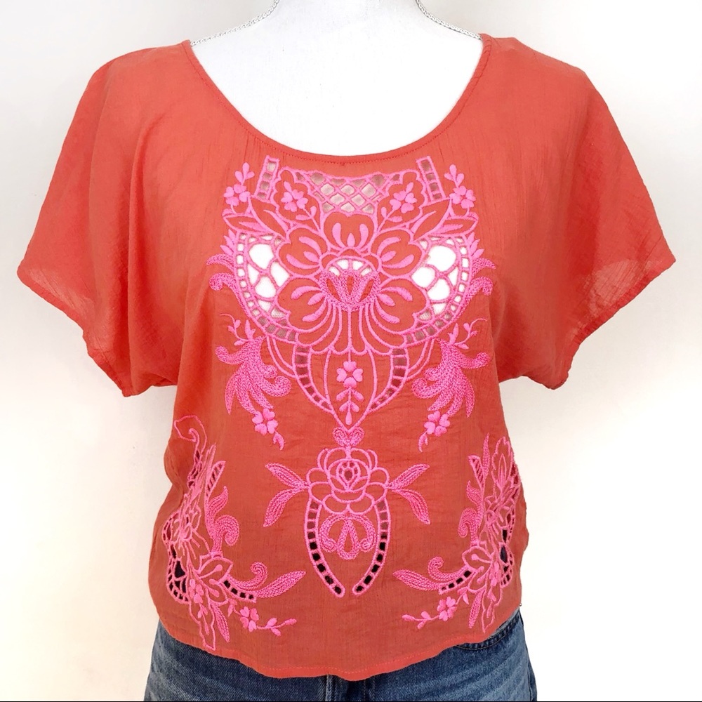 Jun & Ivy Red Pink Floral Embroidered Eyelet Shirt